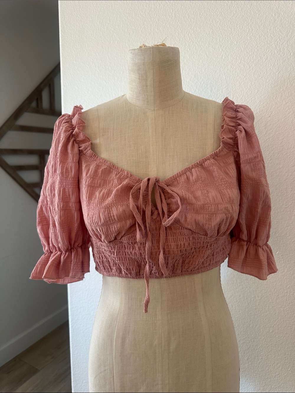Tie-Front Smocked Puff Sleeve Crop Top - Dusty Rose